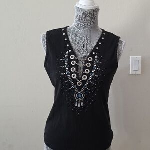Chic Black Tank Top with Silver and Blue Accents
